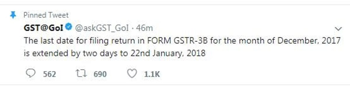Deadline for filing GSTR 3B extended for Dec'17 by 2 days
