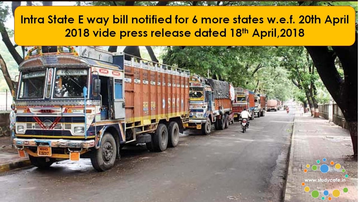 Intra State E way bill notified for 6 more states w.e.f. 20th April 2018