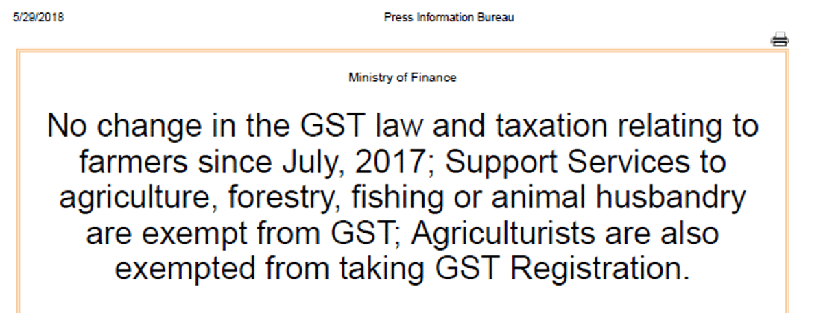 Agriculture always Exempt from GST : Ministry of Finance