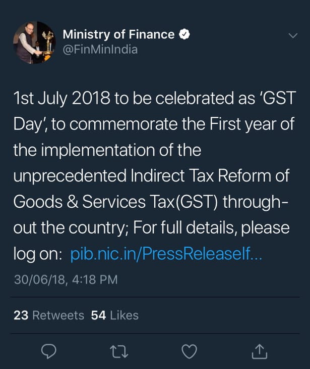 1st July 2018 to be celebrated as GST day