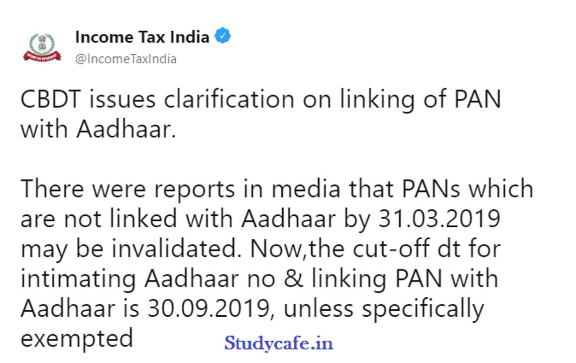 Good News : Due date of linking Aadhaar & PAN extended to 30.09.2019