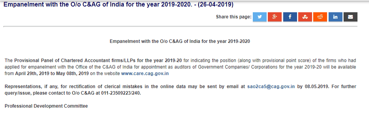 Provisional C&AG Panel of CA Firms indicating position & point score updated for year 2019-20