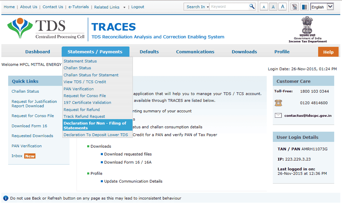 Process of submitting Declaration of Non Filing of Statements