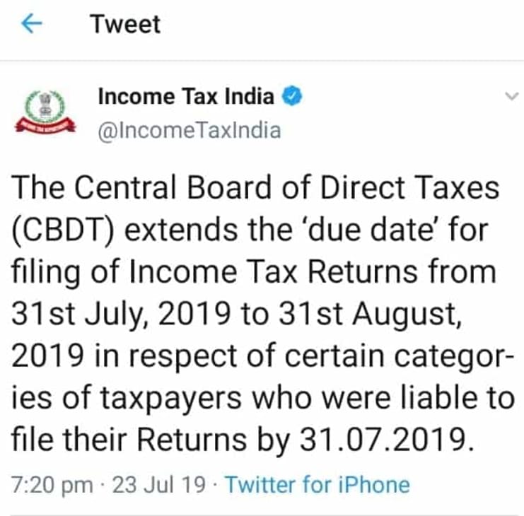 CBDT Extended deadline to file income tax return for FY 2018-19 to August 31, 2019