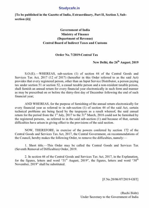 Due date of GSTR -9, 9A and 9C for F.Y. 2017-18 extended till 30th November2019: CBIC Order