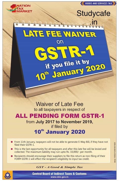 Late Fees for GSTR 1 waived if you file your GSTR1 upto 10.01.2020