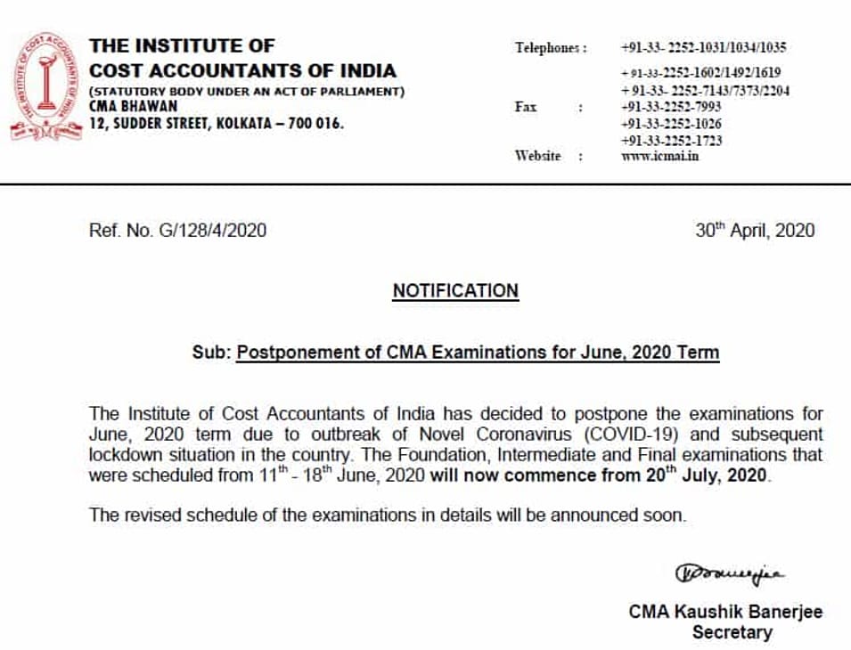 CMA Examinations June 2020 Postponed