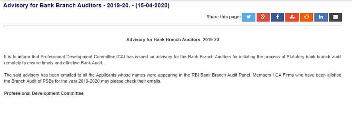 ICAI issues advisory on Bank Audits FY 2019-20