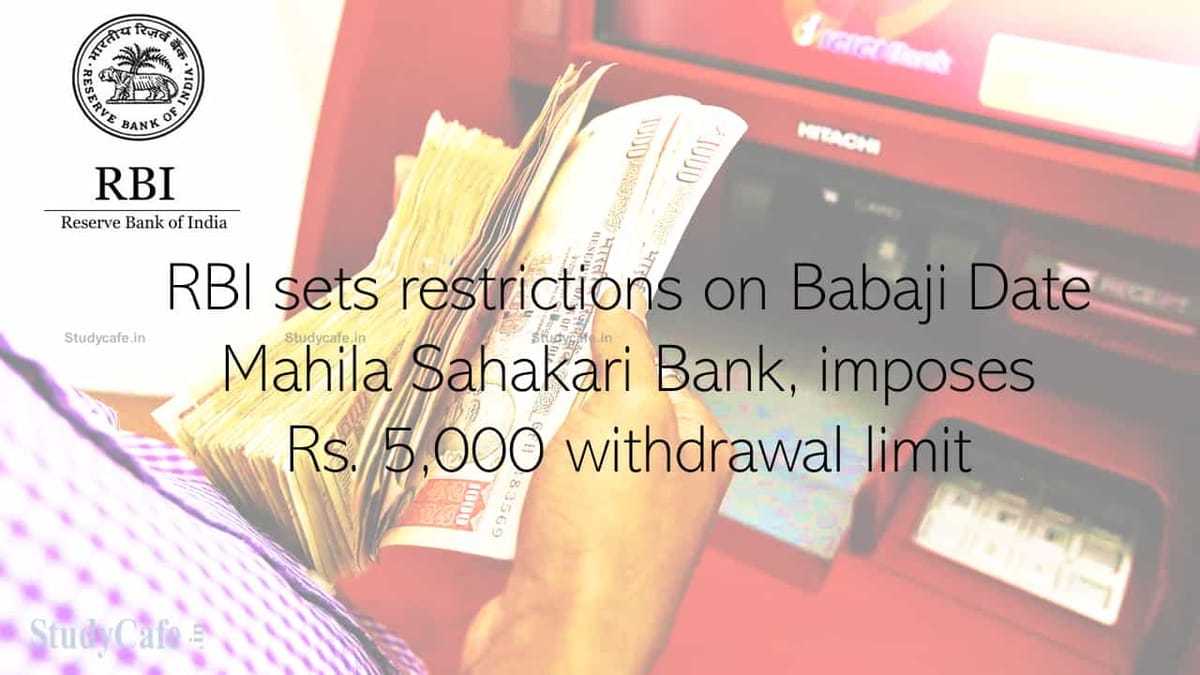 RBI sets restrictions on Babaji Date Mahila Sahakari Bank, capping withdrawals at Rs 5,000