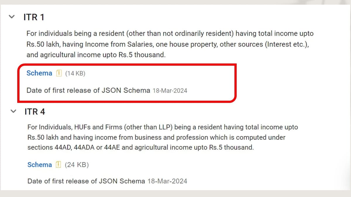 Income Tax Department releases JSON Schema For ITR-1 and ITR-4 for AY 2024-25