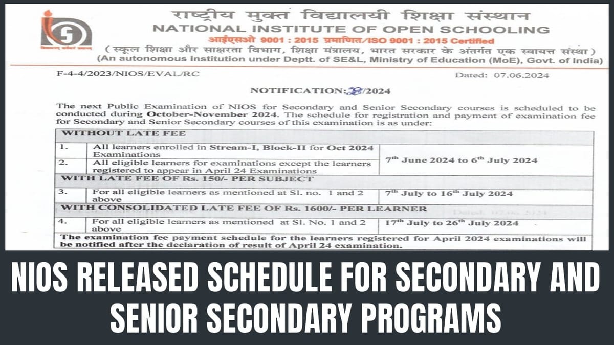 NIOS Exam Schedule 2024: NIOS Released Schedule for Secondary and Senior Secondary Programs