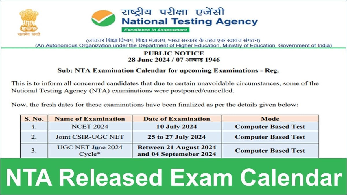 NTA Released Exam Calendar for Upcoming Examinations
