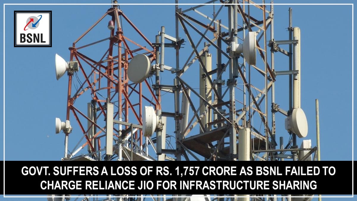 Government Suffers a Loss of  as BSNL Failed to Charge Reliance Jio for Infrastructure Sharing: CAG