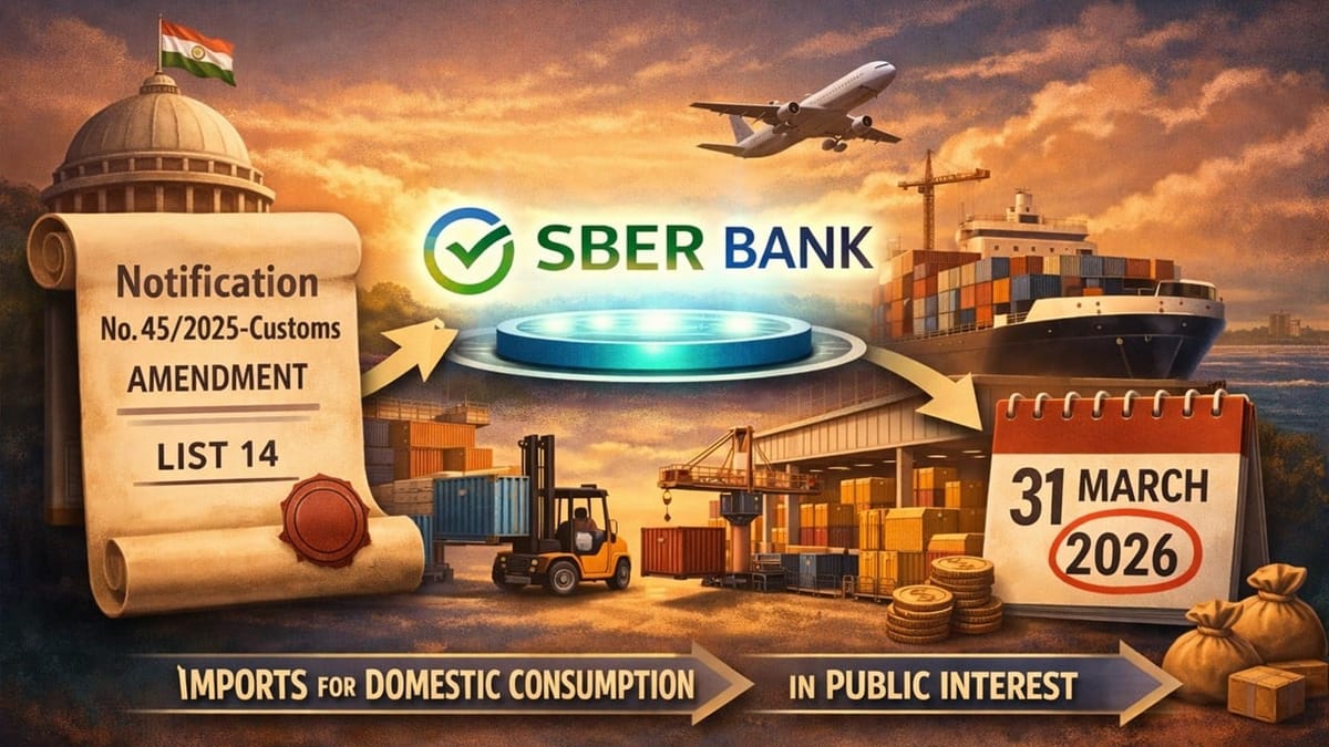 Govt Amends Customs Notification 45/2025; SBER Bank Added to List 14 for Imports Till March 2026