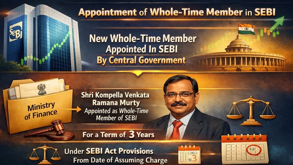 Centre Appoints Whole-Time Member, SEBI for a Three-Year Tenure Period 
