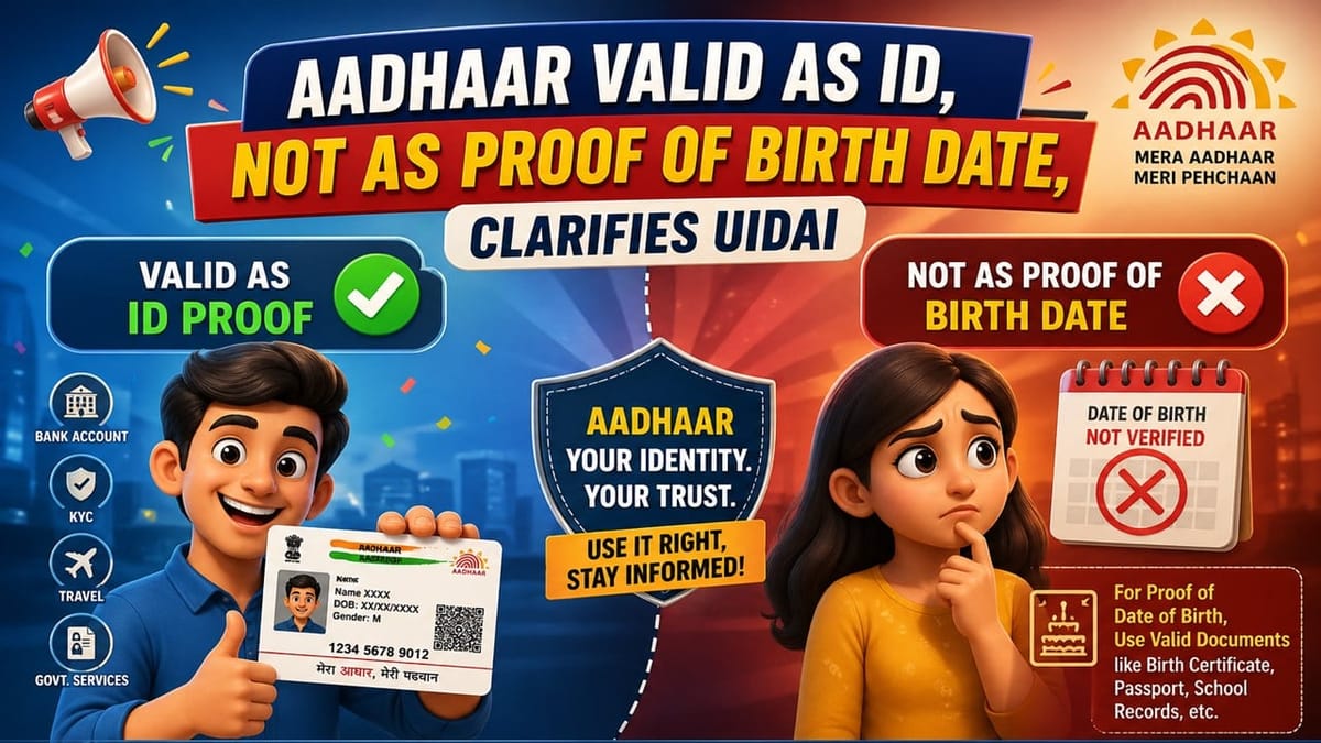 Aadhaar Valid as ID, Not as Proof of Birth Date, Clarifies UIDAI