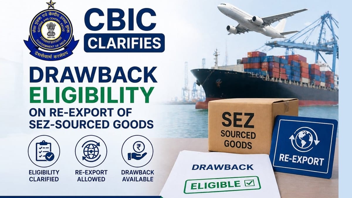 CBIC Clarifies Drawback Eligibility on Re-Export of SEZ-Sourced Goods
