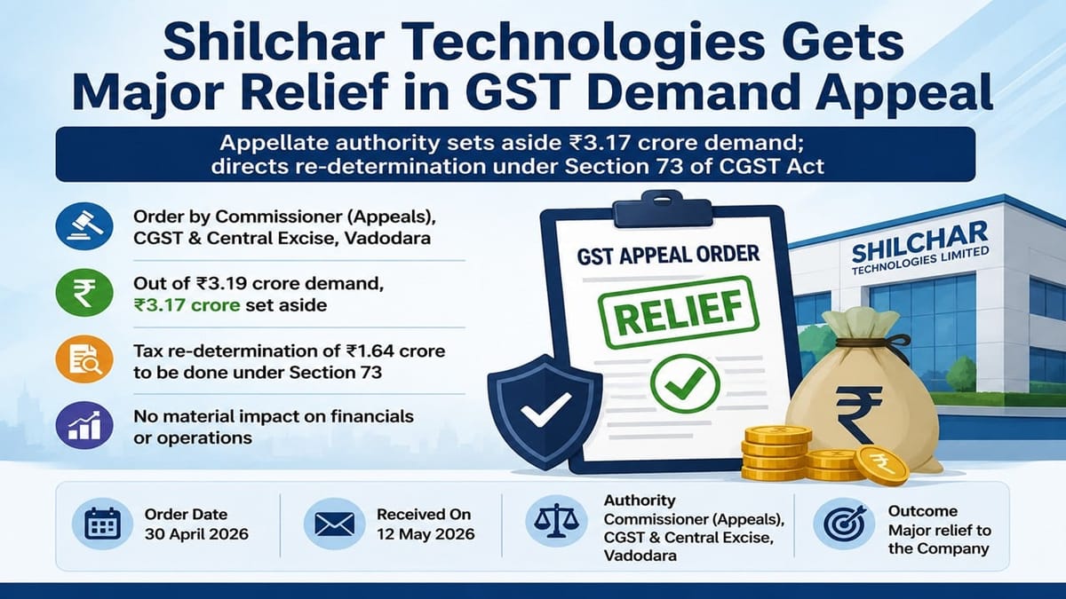 Shilchar Technologies Gets Major Relief of Rs 3.19 Crore in GST Demand