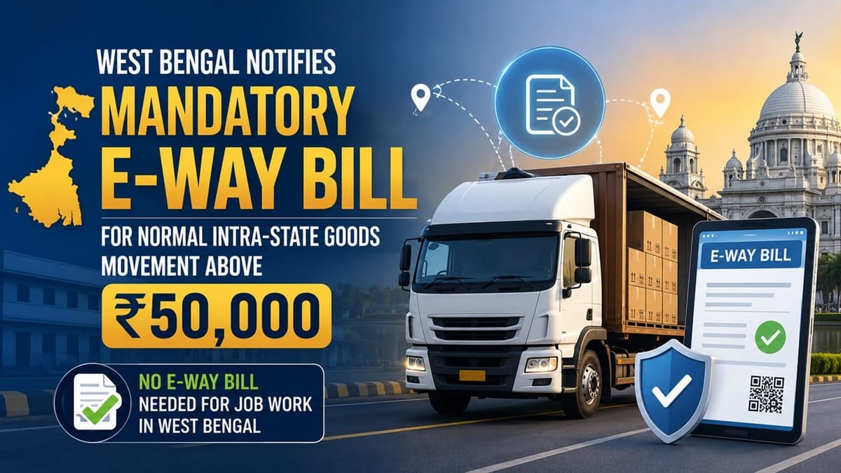 West Bengal Notifies Mandatory E-Way Bill for Normal Intra-State Goods Movement Above Rs 50,000