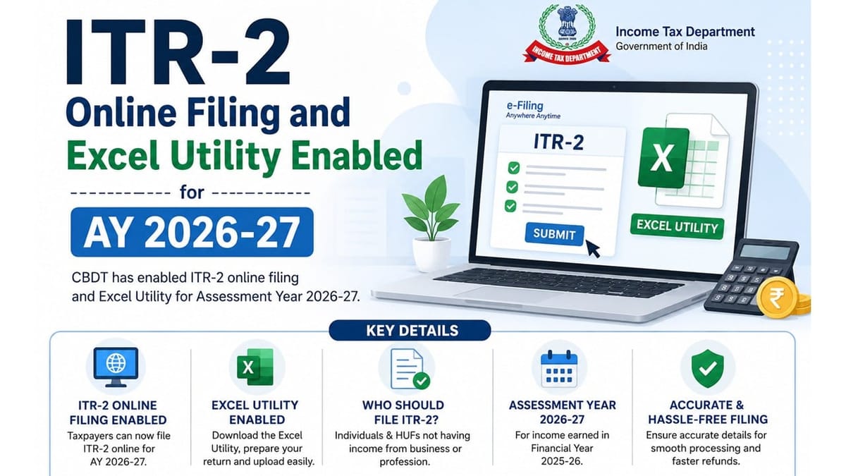ITR-2 Online Filing and Excel Utility Enabled for AY 2026-27: Key Details