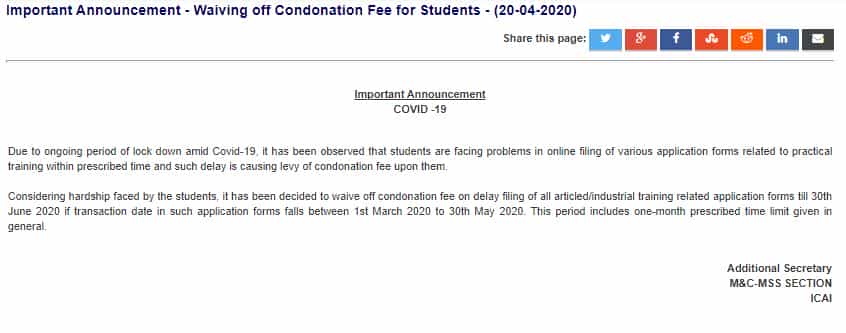 ICAI Waiving off Condonation Fee for CA Students