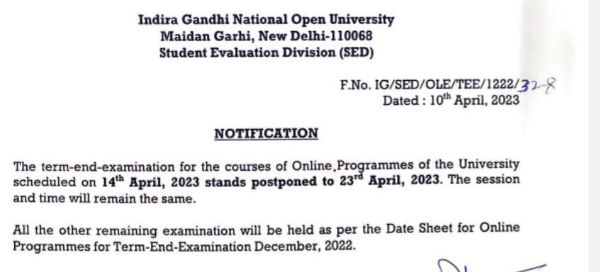 IGNOU 10th April Notification