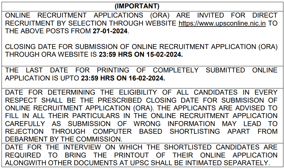 Important Dates for UPSC Recruitment 2024