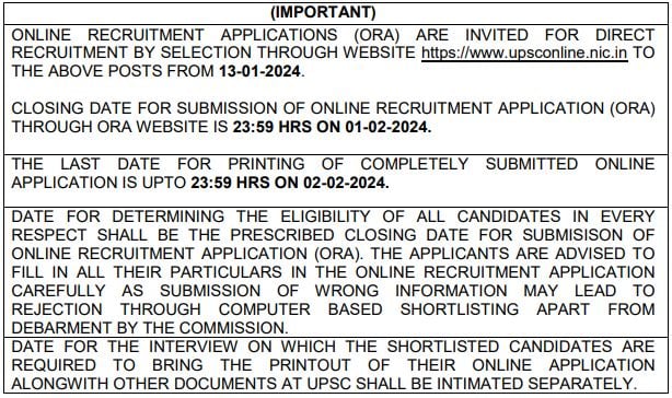 Important Date for UPSC Recruitment 2024