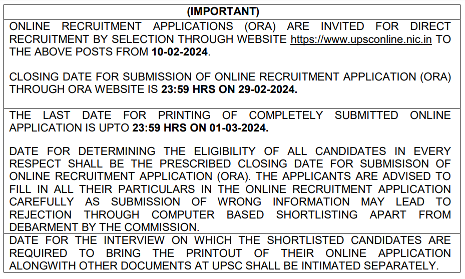 Important dates for UPSC RECRUITMENT 2024