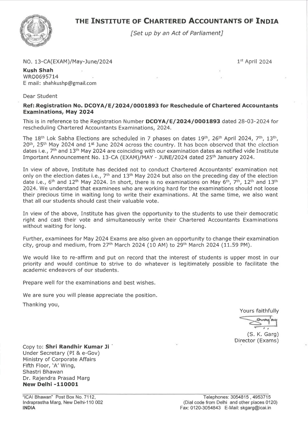 ICAI in no mood to postpone CA Exams; Says reply of Letter sent by ...