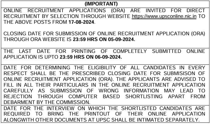 Important Dates for UPSC Recruitment 2024