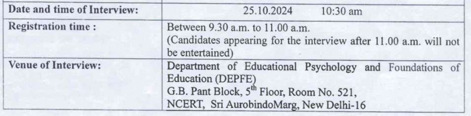 Interview Schedule for NCERT Recruitment 2024