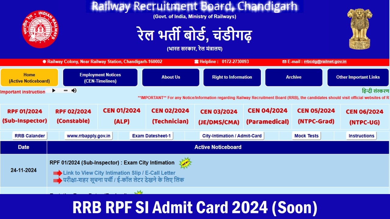 RRB RPF SI City Intimation Slip 2024 OUT at rrb.digialm.com, Admit Cards to be Released Soon