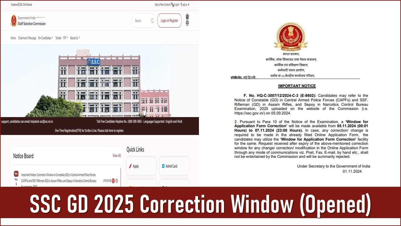 SSC GD 2025 Correction Window Opened at ssc.gov.in, Make Corrections Till November 7