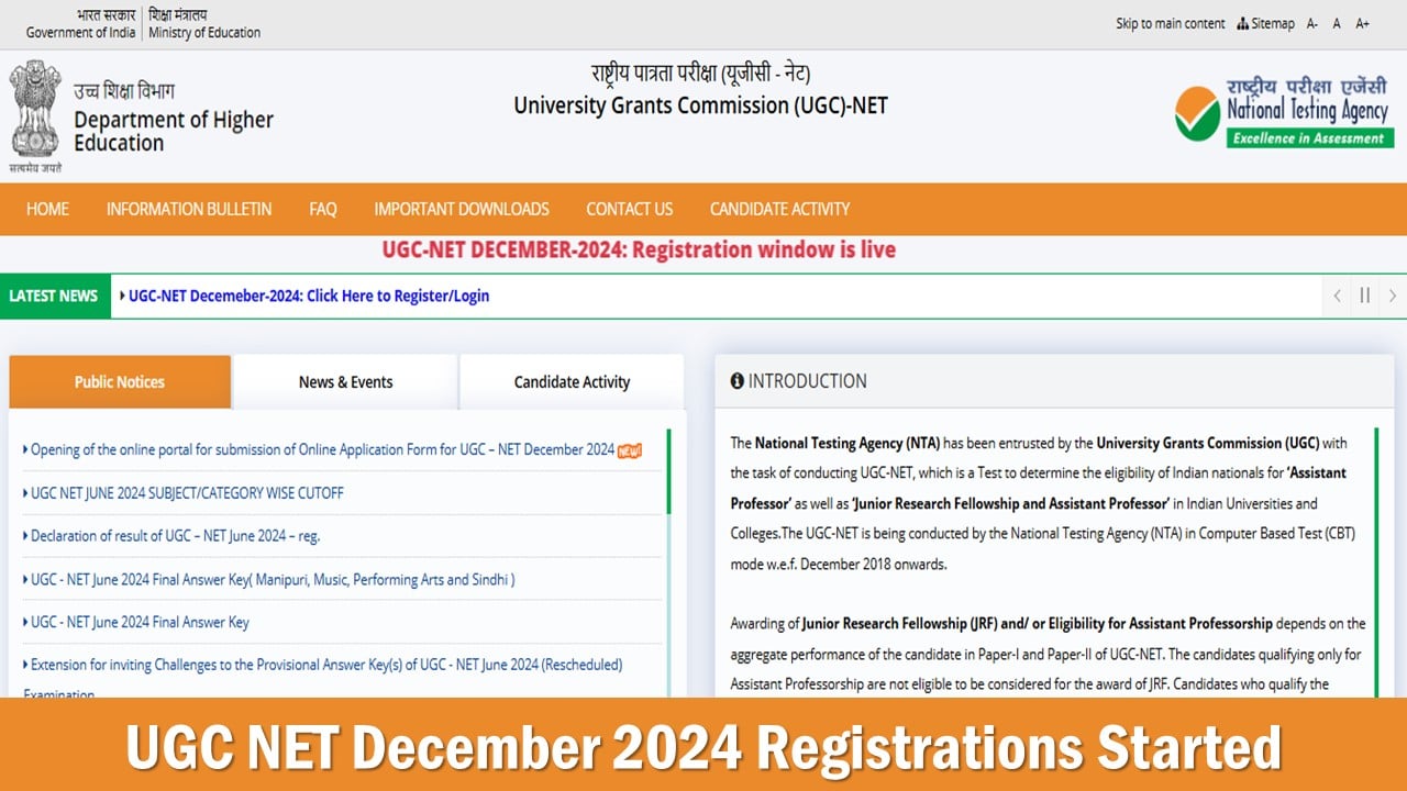 UGC NET December 2024 Registration Begin at ugcnet.nta.ac.in, Exams to Begin from Jan 1