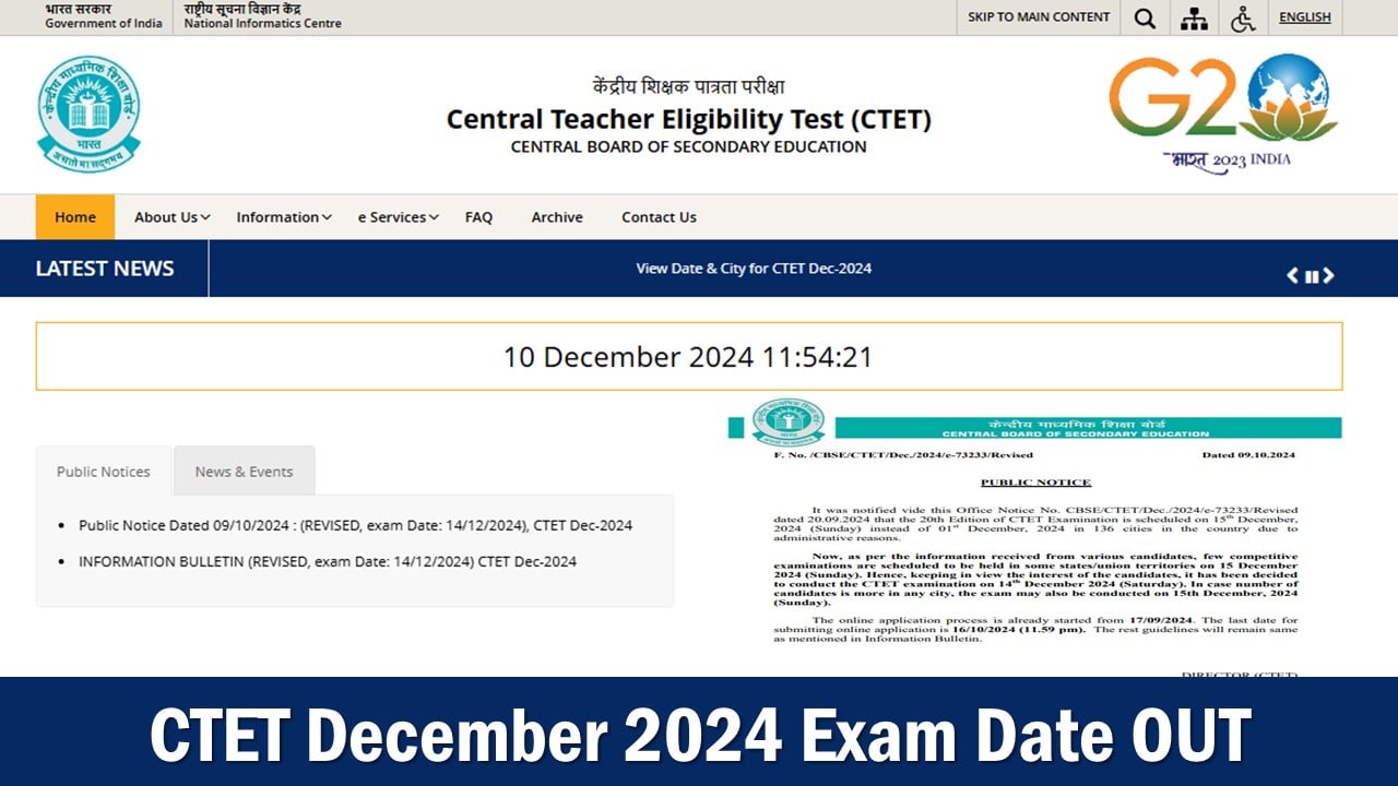 CTET December 2024 Exam (Date OUT) to be Conducted on 15 December, Check Details Related to Exam