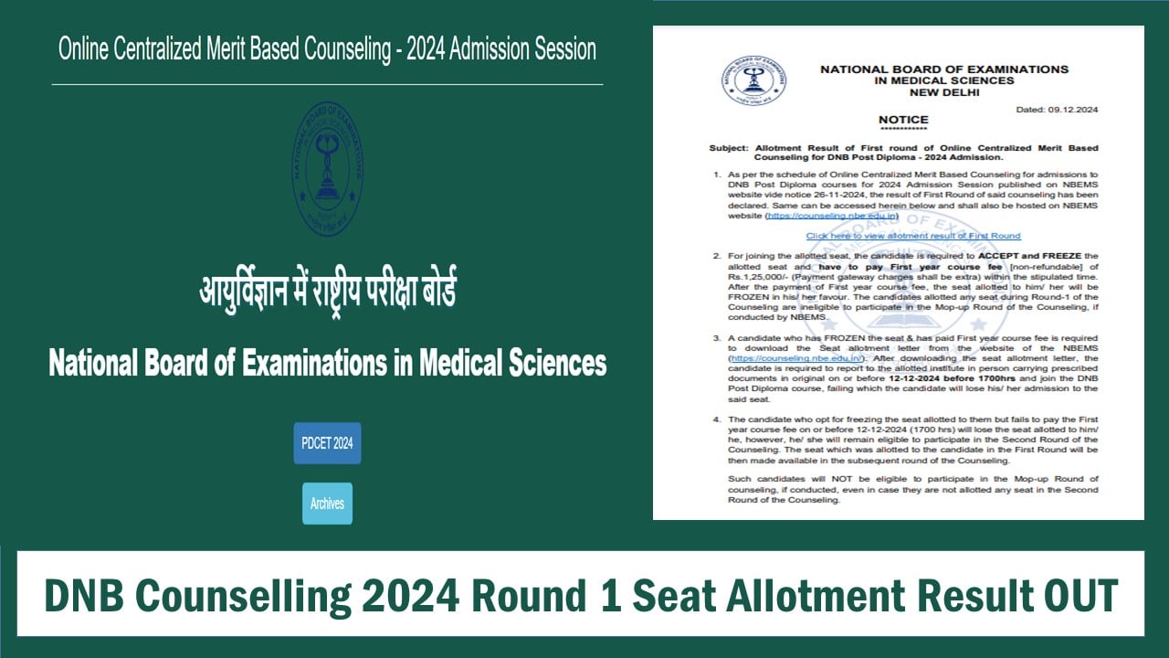 DNB Counselling 2024: Round 1 Seat Allotment Result OUT at natboard.edu.in