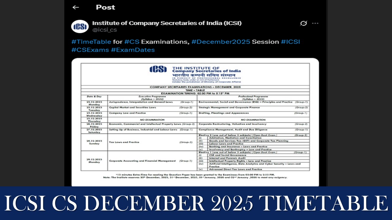 ICSI CS December 2025 Timetable Released at icsi.edu, Check Subject-Wise Dates, Reporting Timing