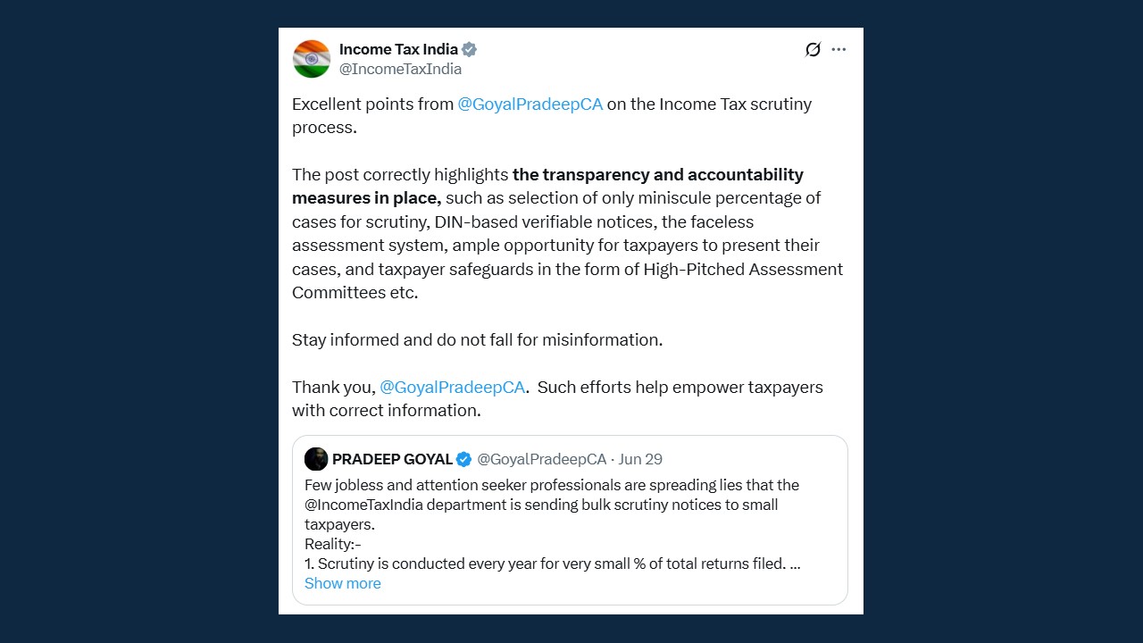 No Bulk Scrutiny Notices Sent to Small Taxpayers: Income Tax Clarifies