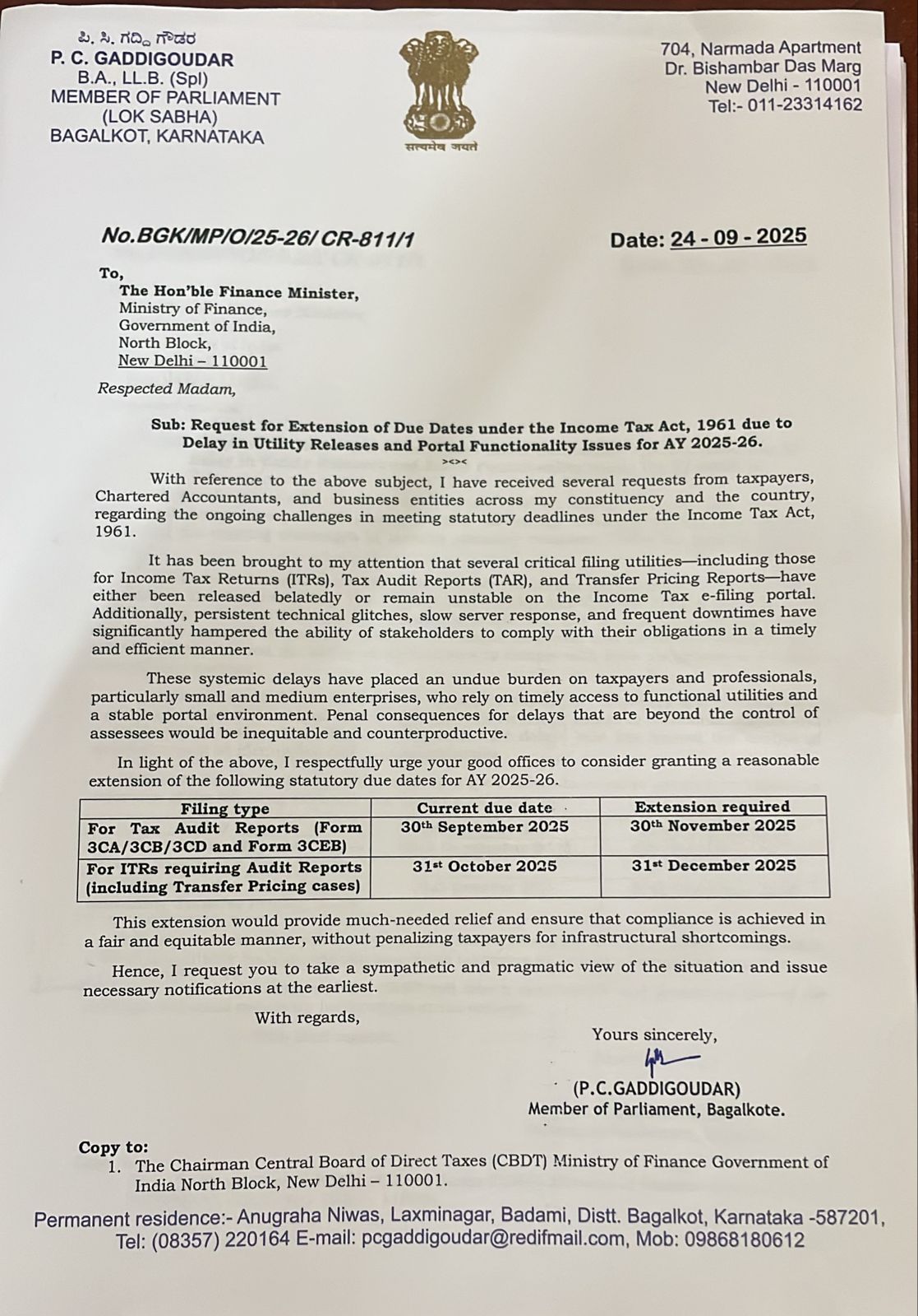 Member of Parliament writes to FM seeking Tax Audit Deadline Extension