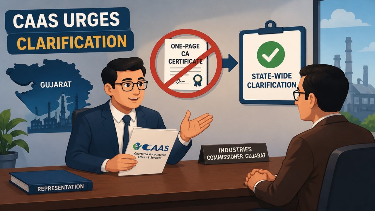 CAAS Urges Gujarat Industries Commissioner to End Mandatory One-Page CA Certificates, Seeks State-Wide Clarification.